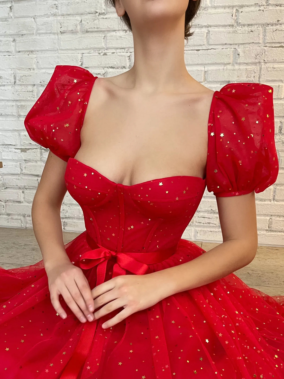 Red midi prom dress, alternate view showing the overall dress design