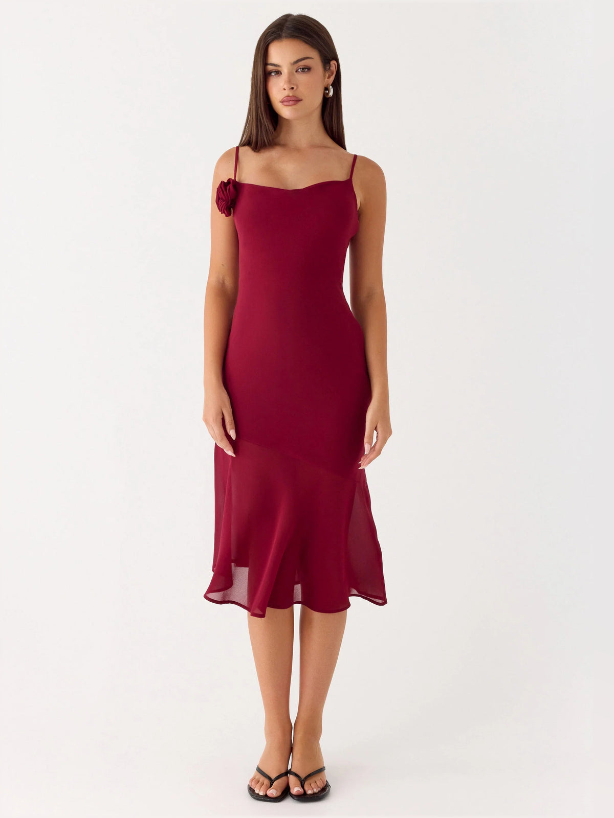 Red midi formal dress, alternate view showing the waist