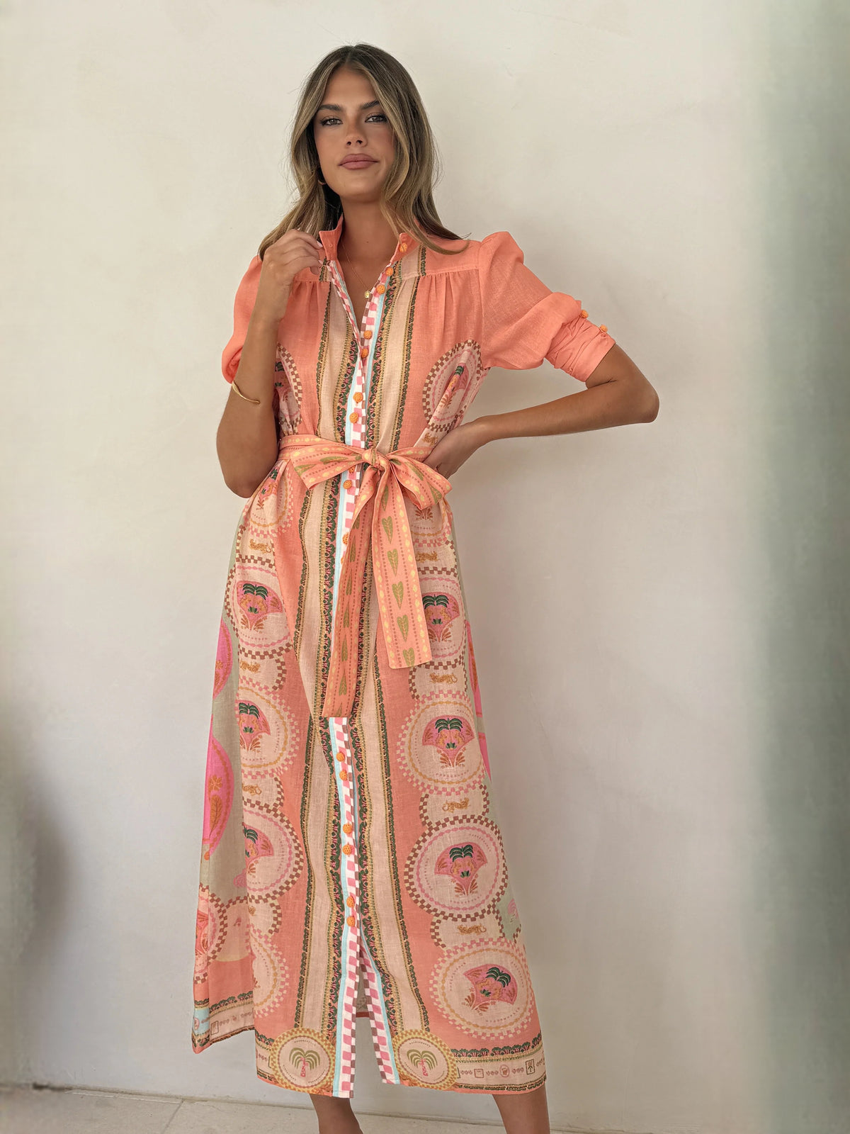 Acacia Palm Melon midi formal dress with printed pattern, alternate view showing the waist