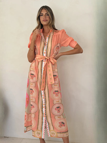Acacia Palm Melon midi formal dress with printed pattern, alternate view showing the waist