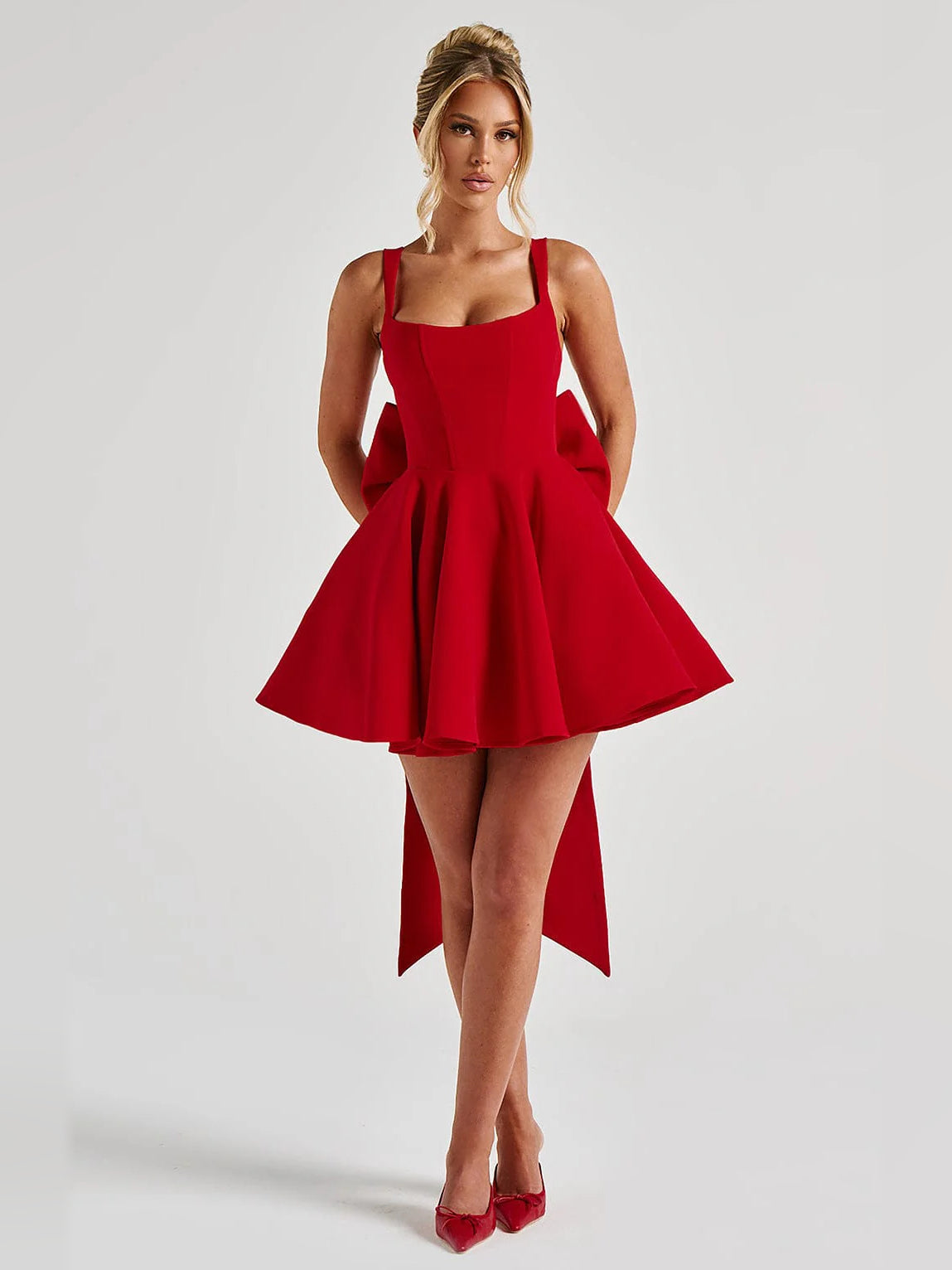 Red mini homecoming dress, alternate view showing the overall dress design