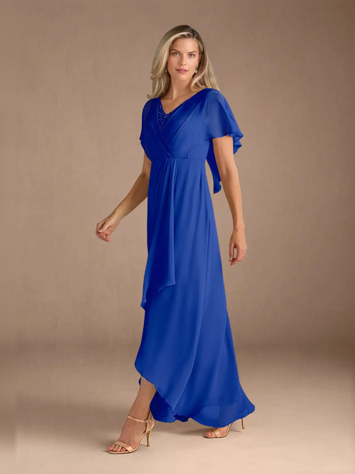 Royal Blue high-low mother of the bride dress, alternate view showing the overall dress design
