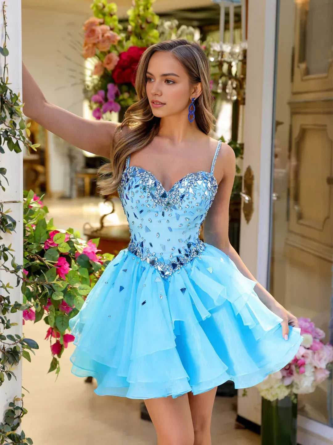 Blue mini homecoming dress, alternate view showing the overall dress design