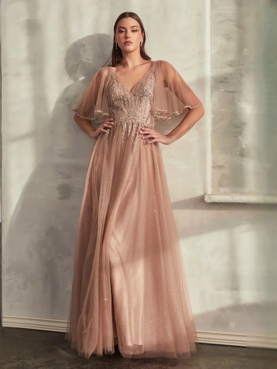 Gold floor-length prom dress, alternate view showing the overall dress design