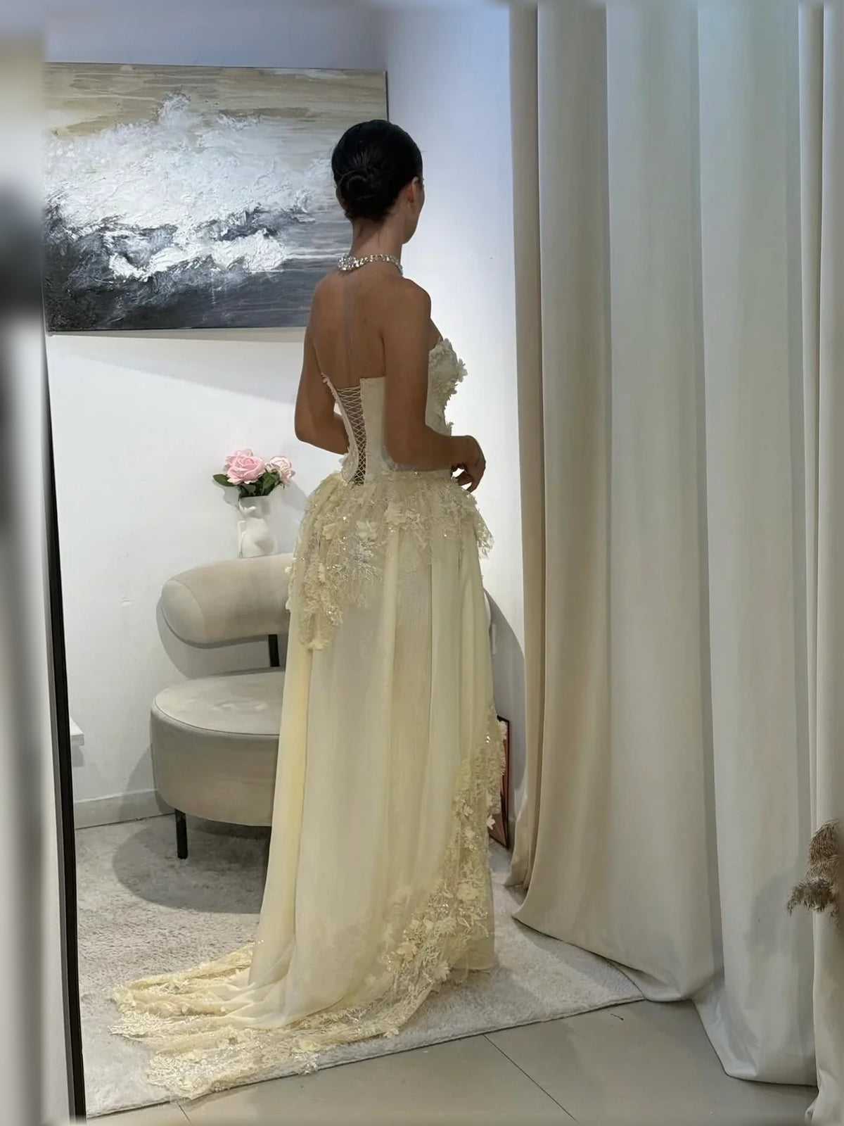 Pale Lemon a-line floor-length formal dress with tiered skirt, alternate view