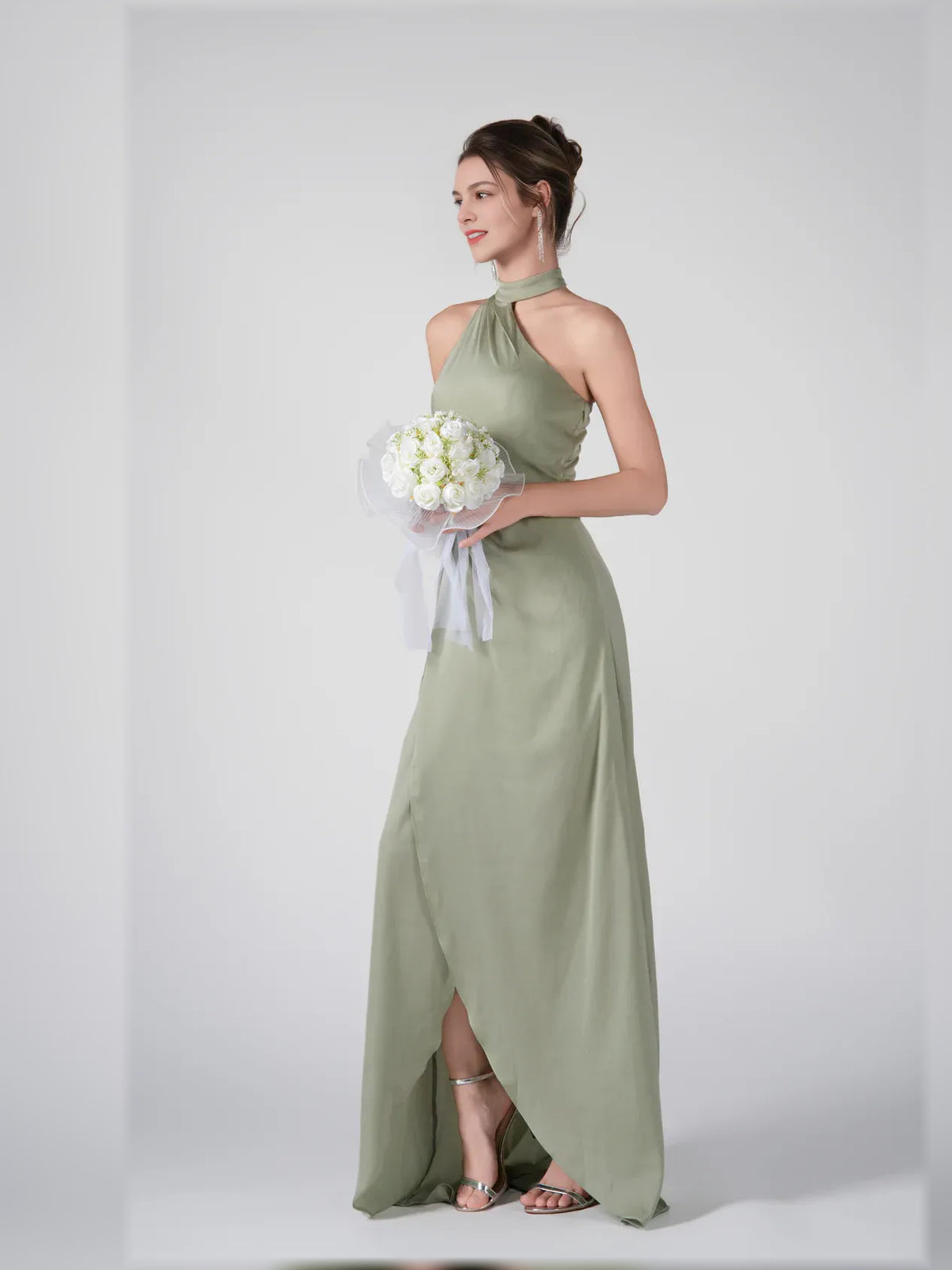 Dusty Sage a-line floor-length formal dress with skirt slit, alternate view showing the waist