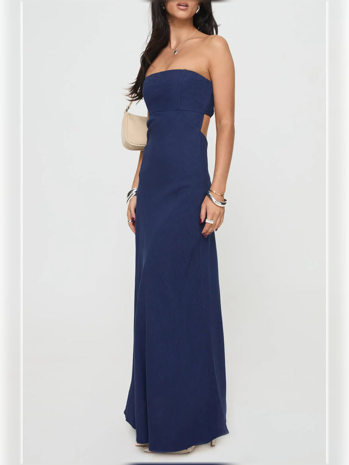 Navy Blue sheath floor-length formal dress with draping, alternate view showing the waist