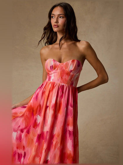 Coral Pink midi formal dress with printed pattern, alternate view showing the waist