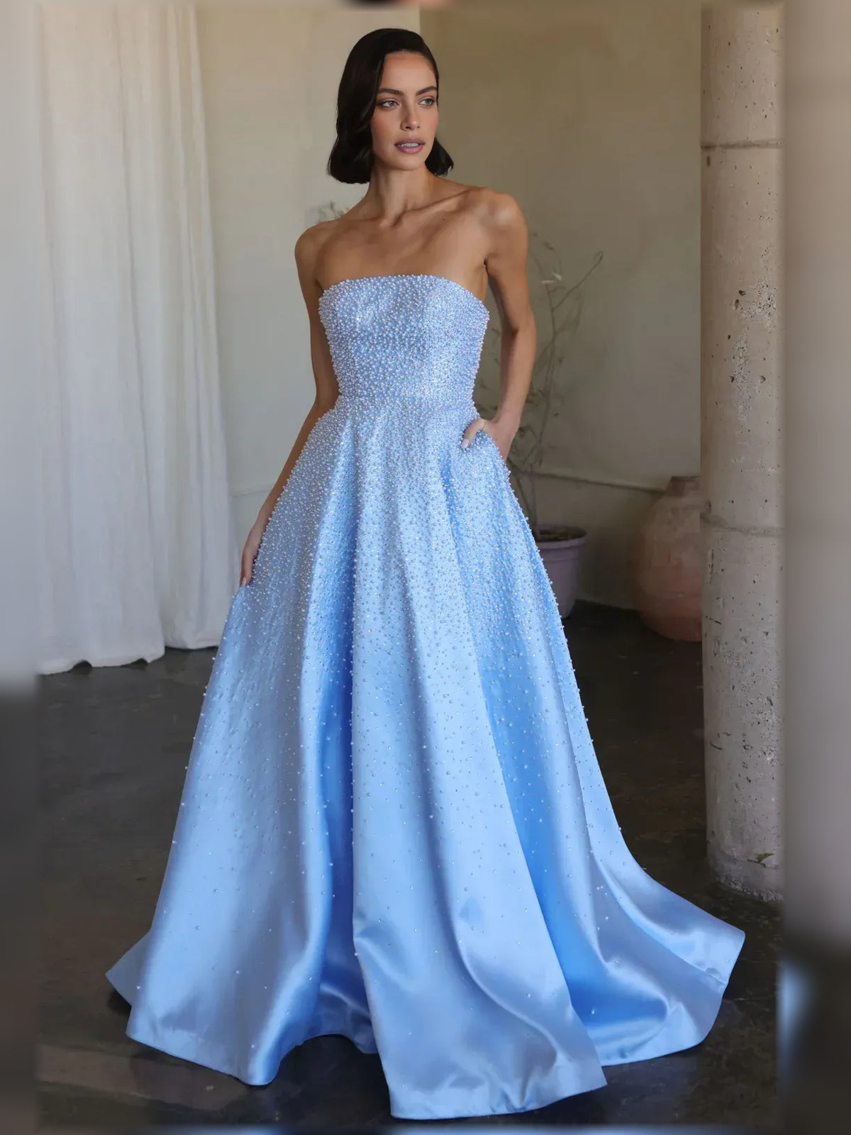 Light Blue floor-length formal dress with corset-style bodice, alternate view showing the waist