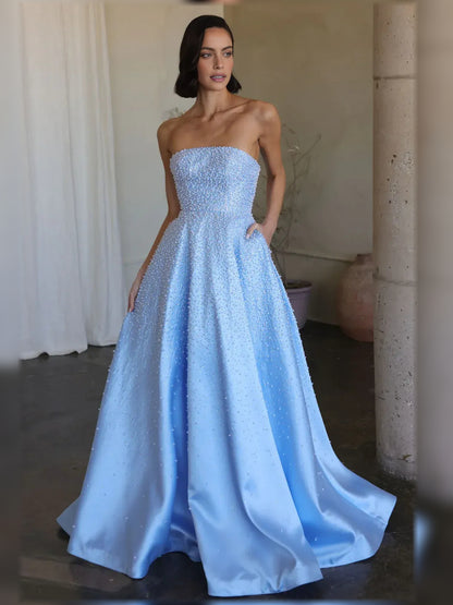 Light Blue floor-length formal dress with corset-style bodice, alternate view showing the waist