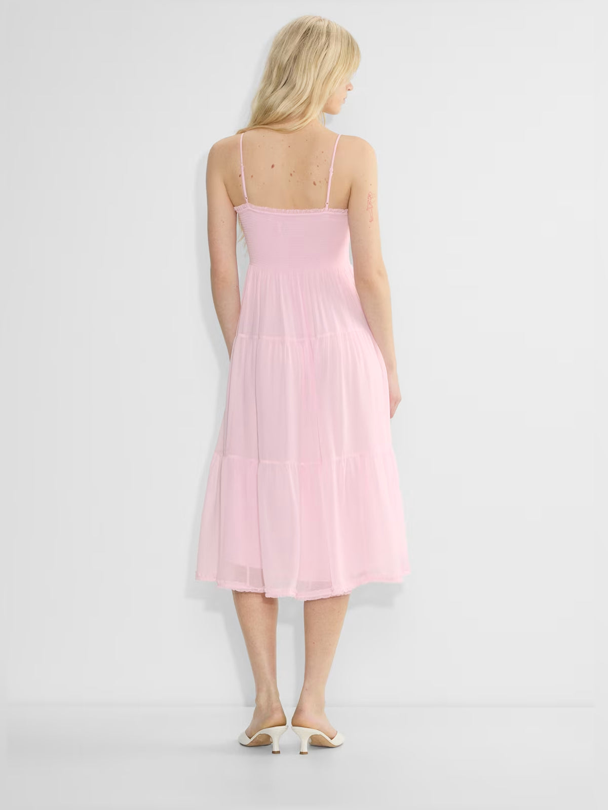pink midi formal dress with tiered skirt, alternate view showing the waist