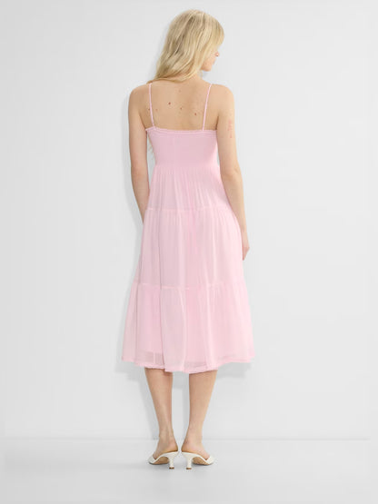 pink midi formal dress with tiered skirt, alternate view showing the waist