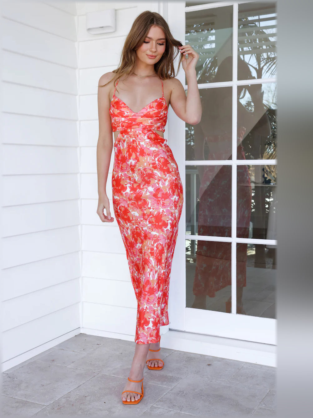 Orange midi formal dress, alternate view showing the waist