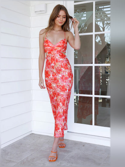 Orange midi formal dress, alternate view showing the waist
