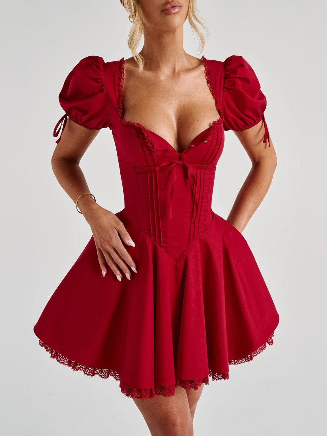 Red mini homecoming dress, alternate view showing the overall dress design
