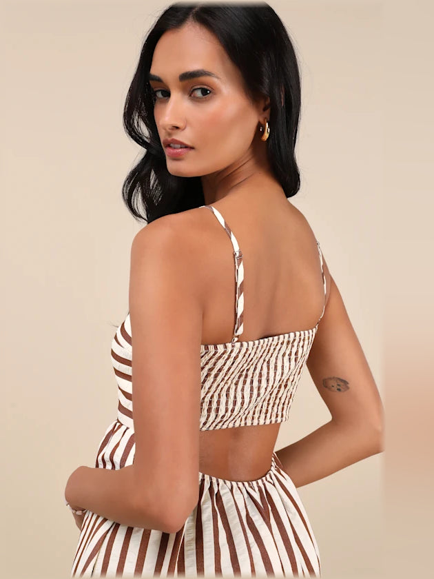Brown midi formal dress with cutout detail, alternate view showing the waist