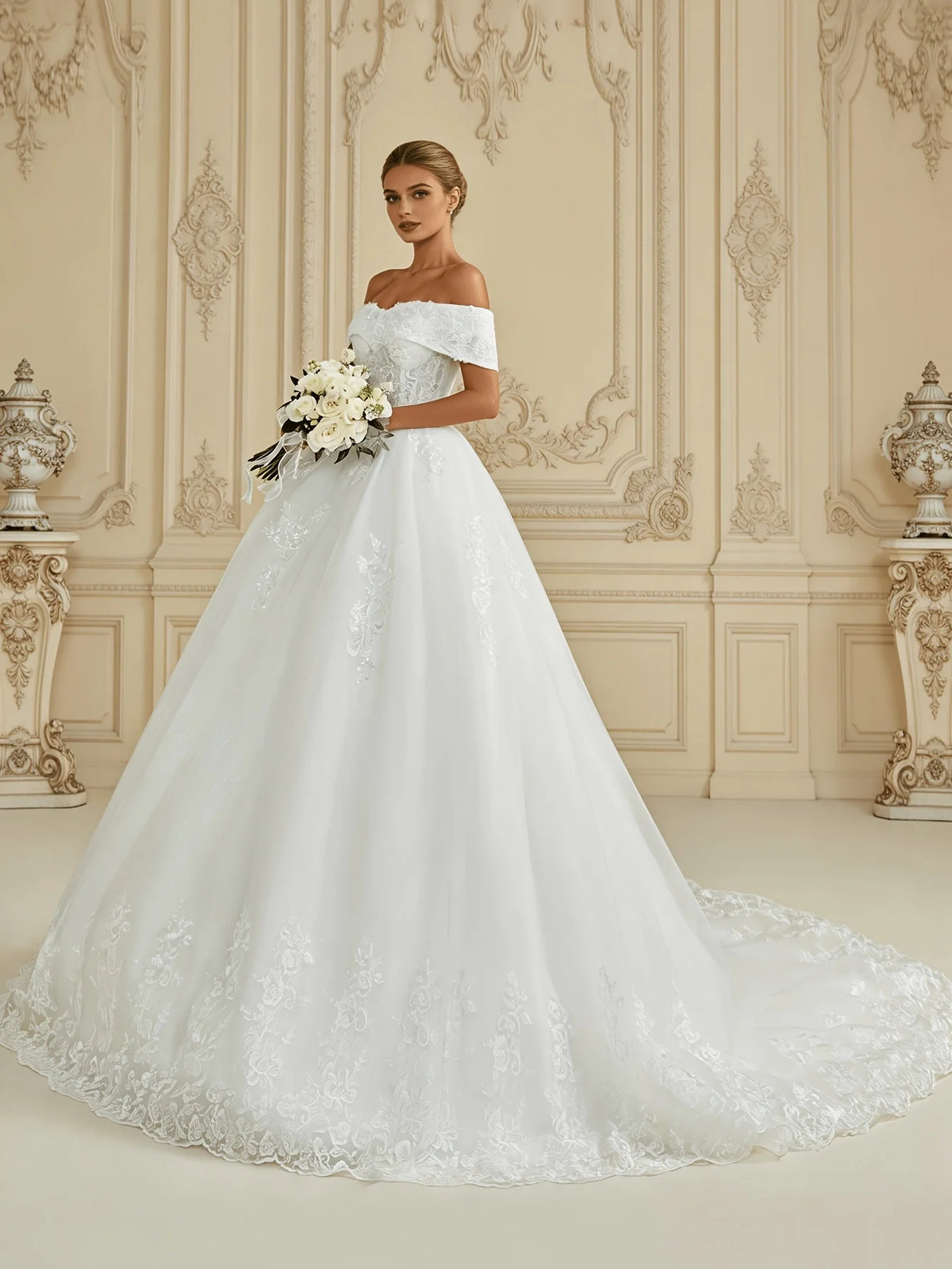 Ivory floor-length wedding dress, alternate view showing the overall dress design