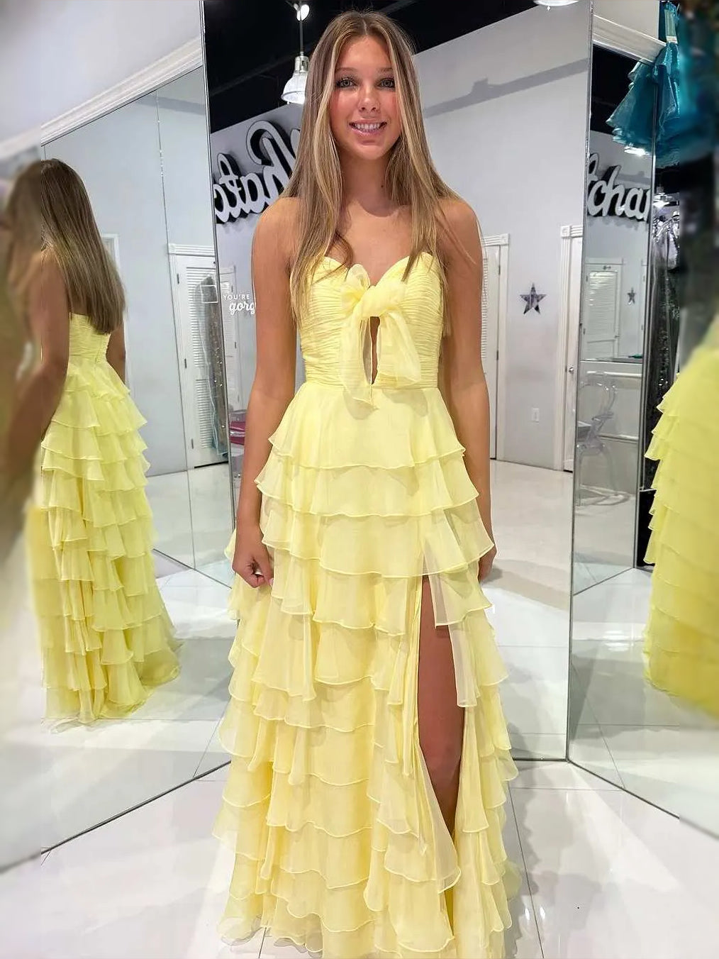 Yellow maxi prom dress, alternate view showing the overall dress design