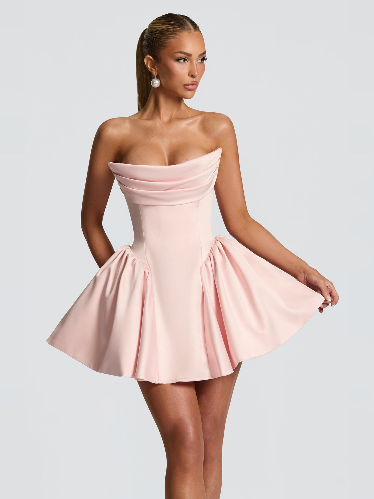Blush mini homecoming dress, alternate view showing the overall dress design