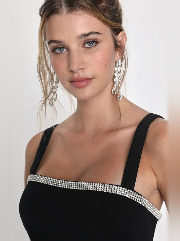 Black mini homecoming dress, alternate view showing the overall dress design