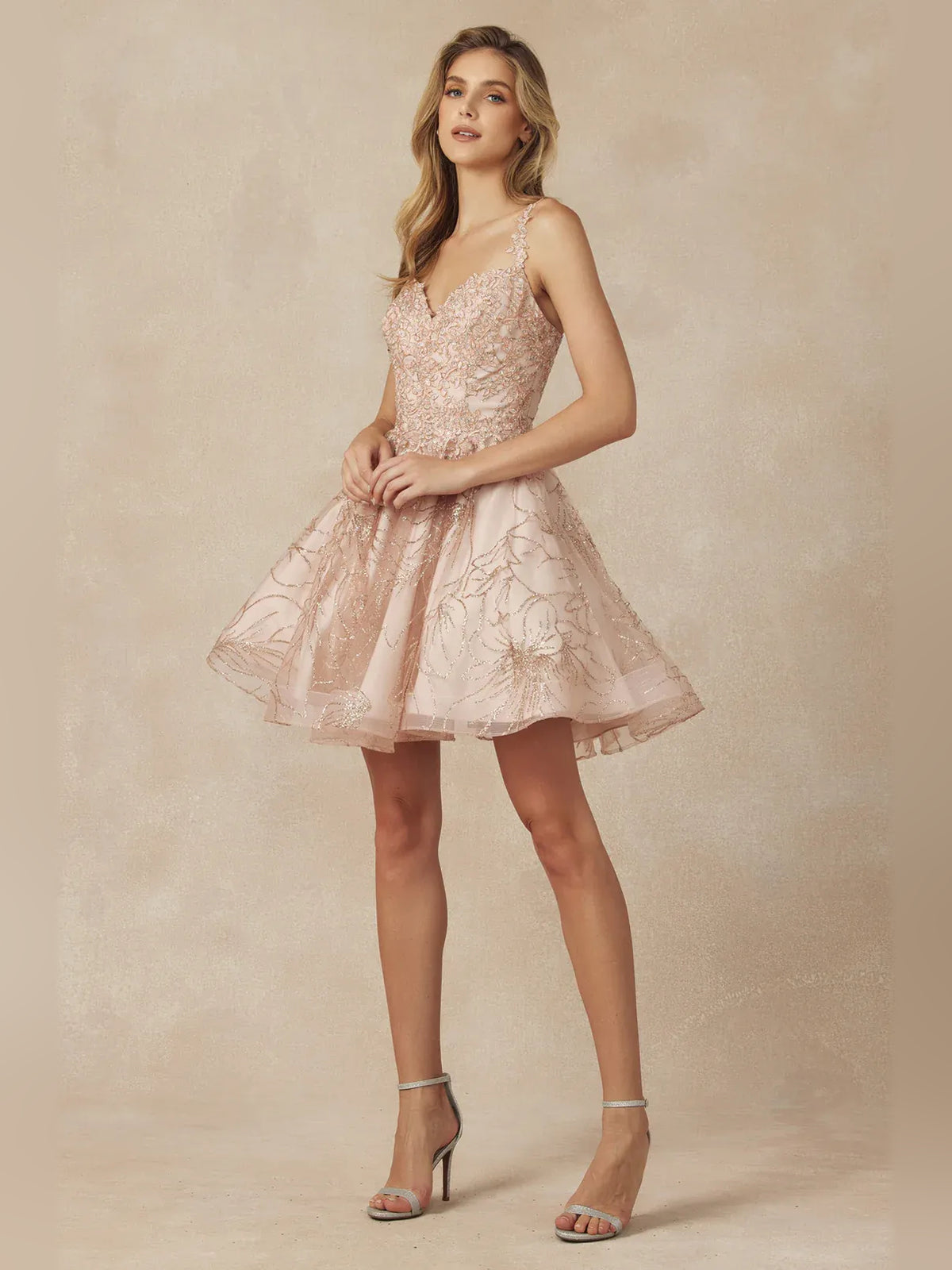 Champagne mini homecoming dress, alternate view showing the overall dress design