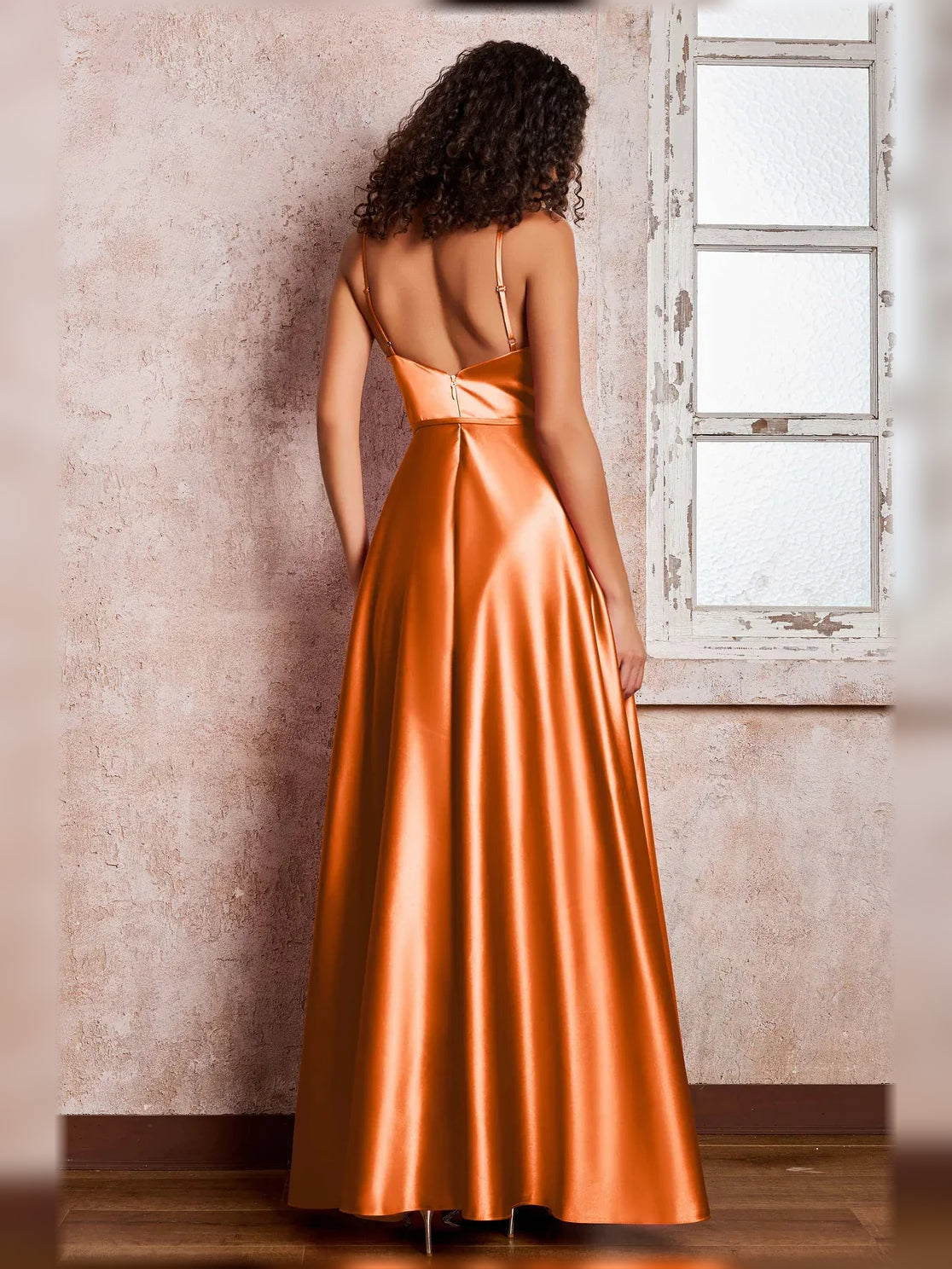 Watermelon a-line floor-length formal dress with ruching, alternate view showing the waist