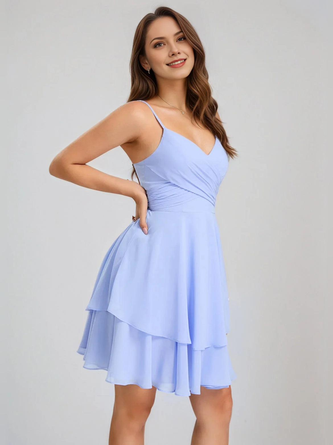 Steel Blue mini homecoming dress, alternate view showing the overall dress design