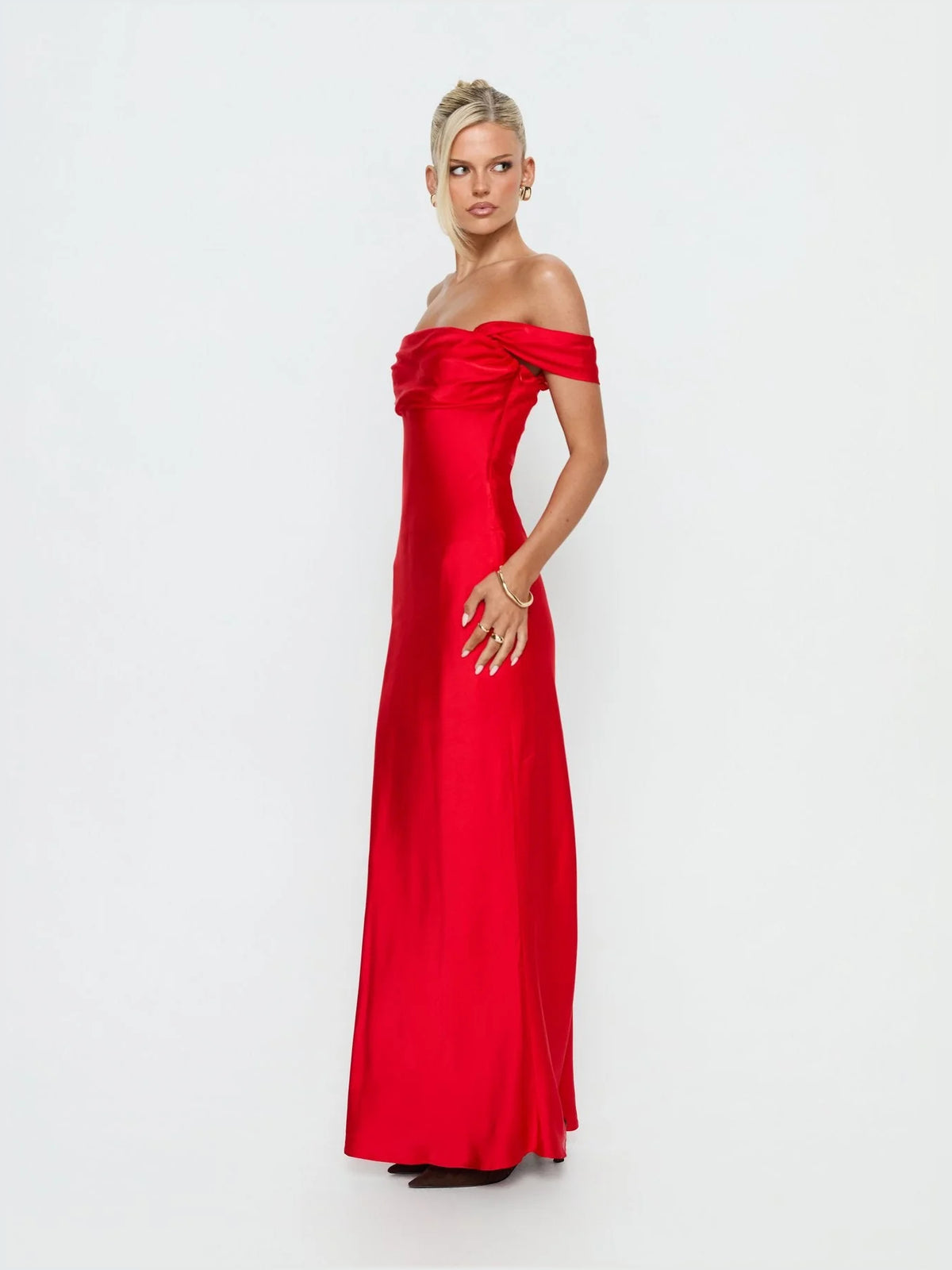 Red maxi prom dress, alternate view showing the overall dress design