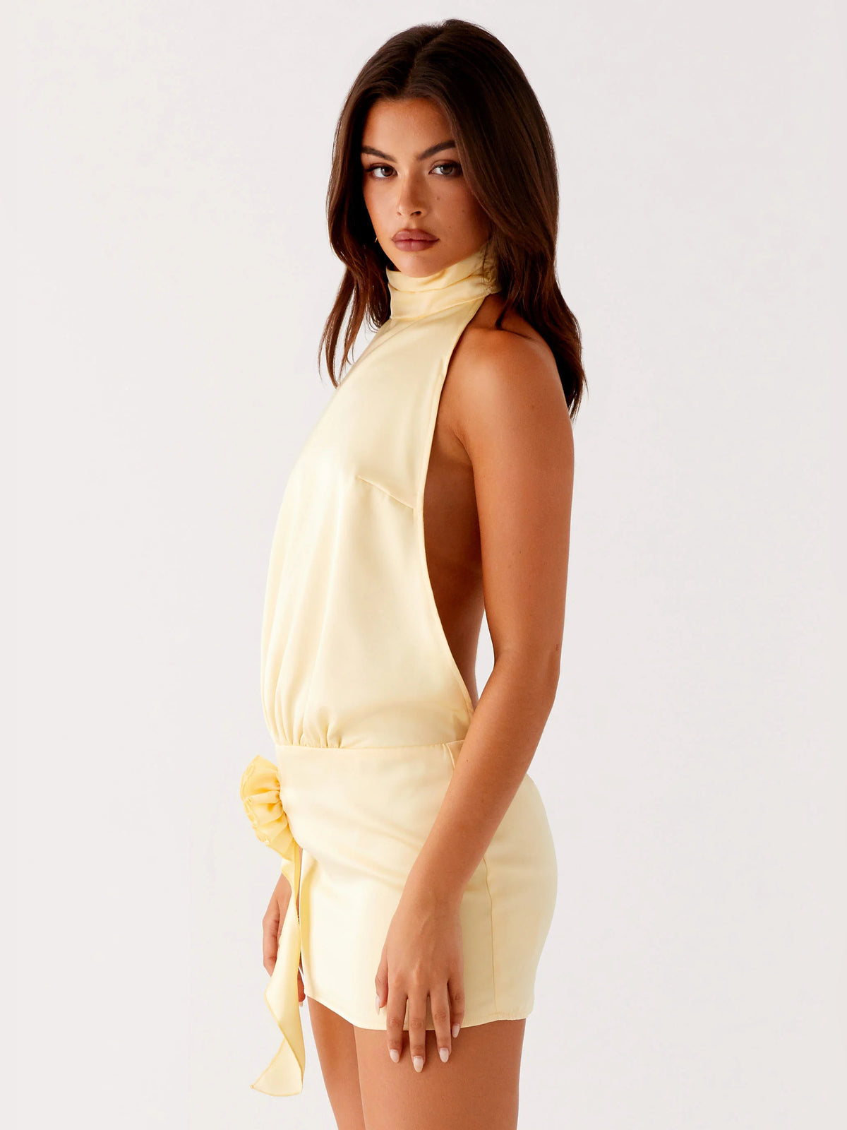 Yellow mini homecoming dress, alternate view showing the overall dress design