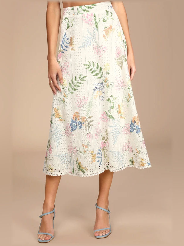 White Floral midi formal dress with embroidery, alternate view showing the waist
