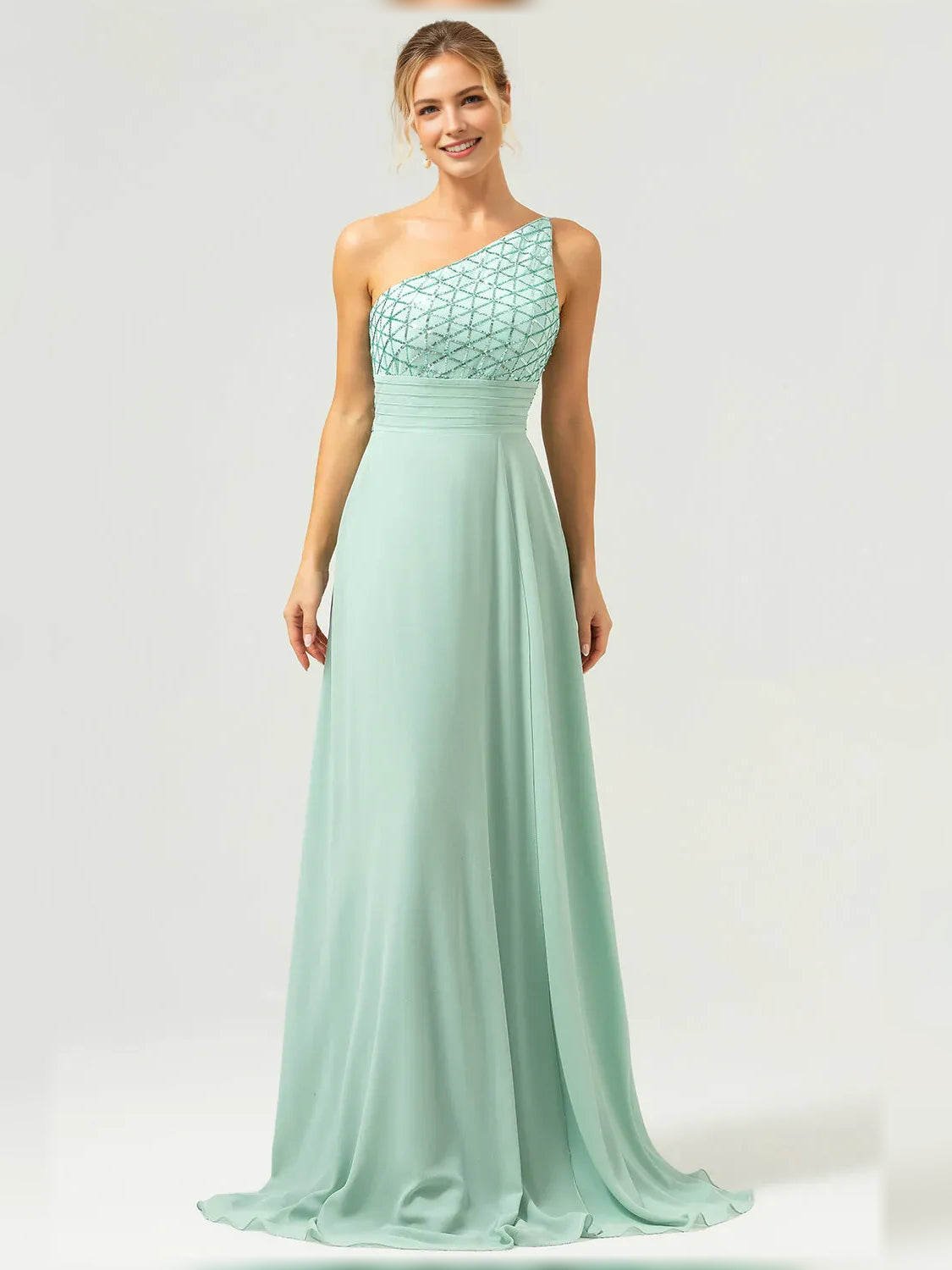 Mint Green a-line floor-length formal dress with beading, alternate view showing the waist