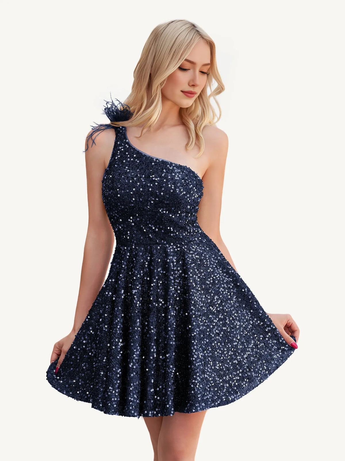 Navy Blue mini homecoming dress, alternate view showing the overall dress design