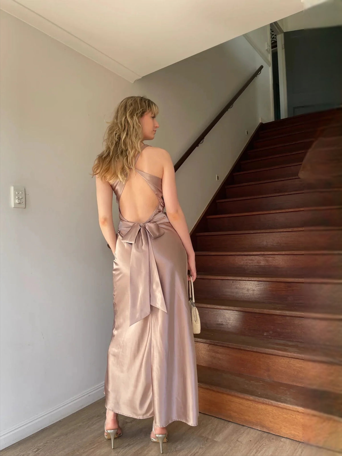 Taupe floor-length bridesmaid dress, alternate view showing the overall dress design