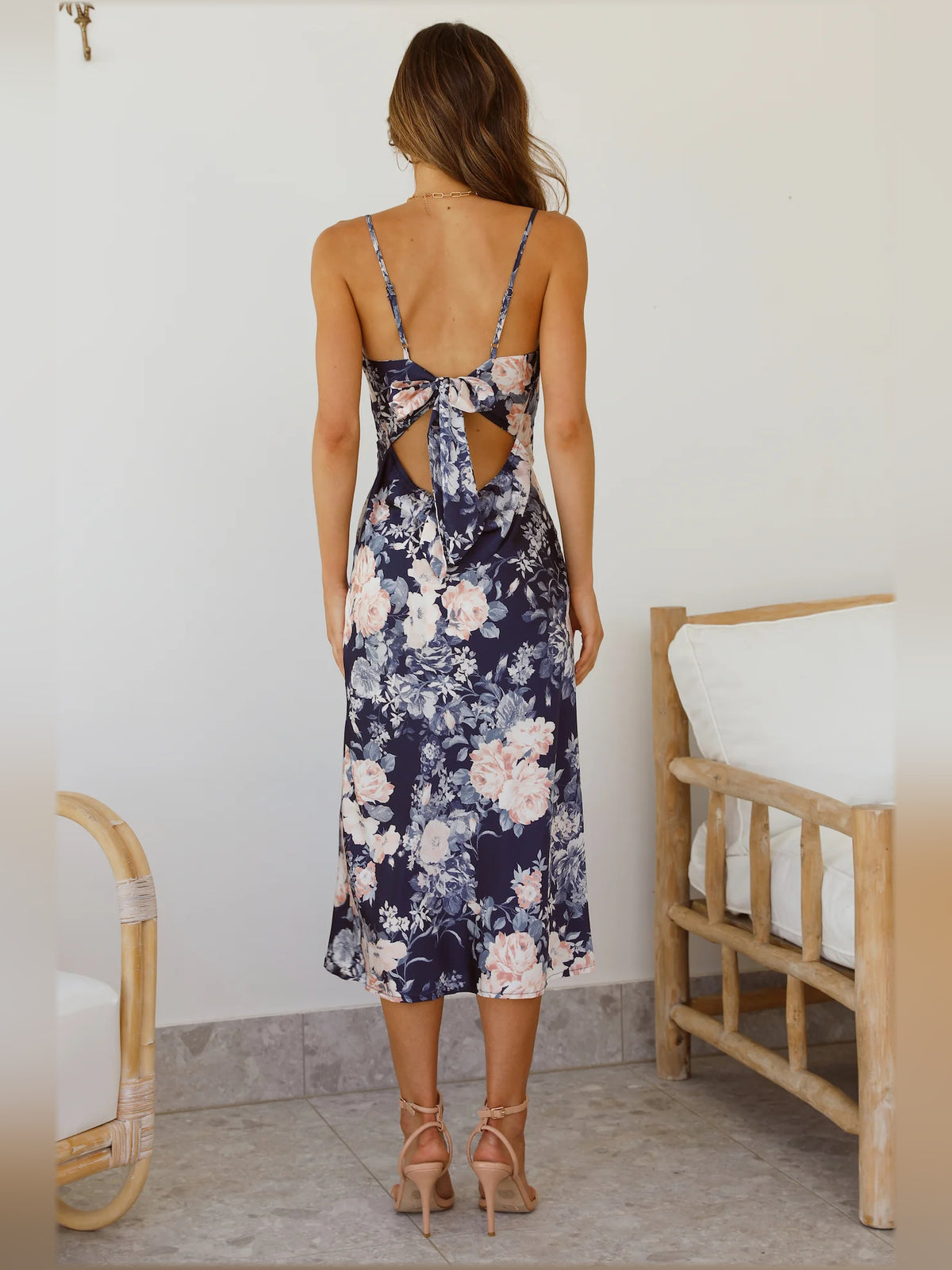 Blue midi formal dress, alternate view showing the waist