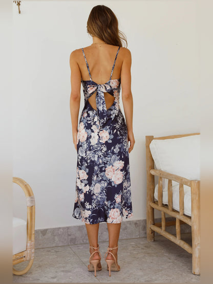 Blue midi formal dress, alternate view showing the waist