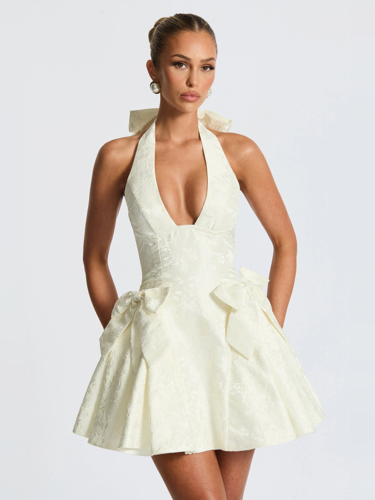 Ivory mini homecoming dress, alternate view showing the overall dress design