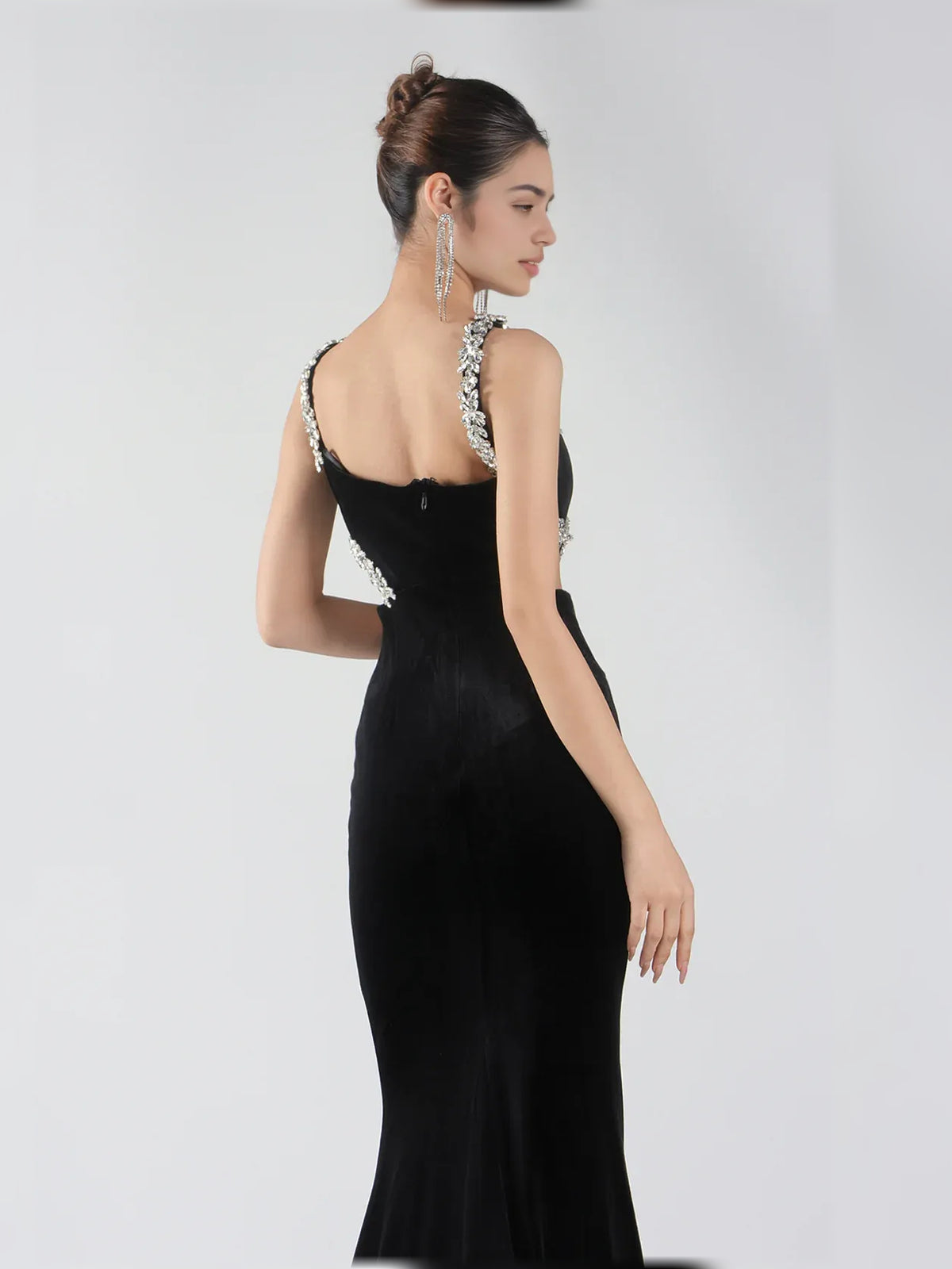 Black mermaid floor-length formal dress with cutout detail, alternate view