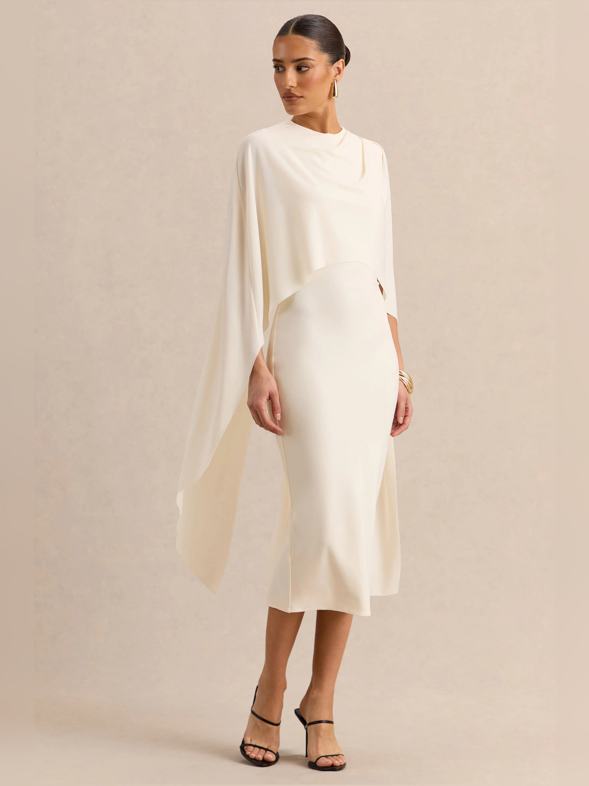 Cream midi formal dress, alternate view showing the waist
