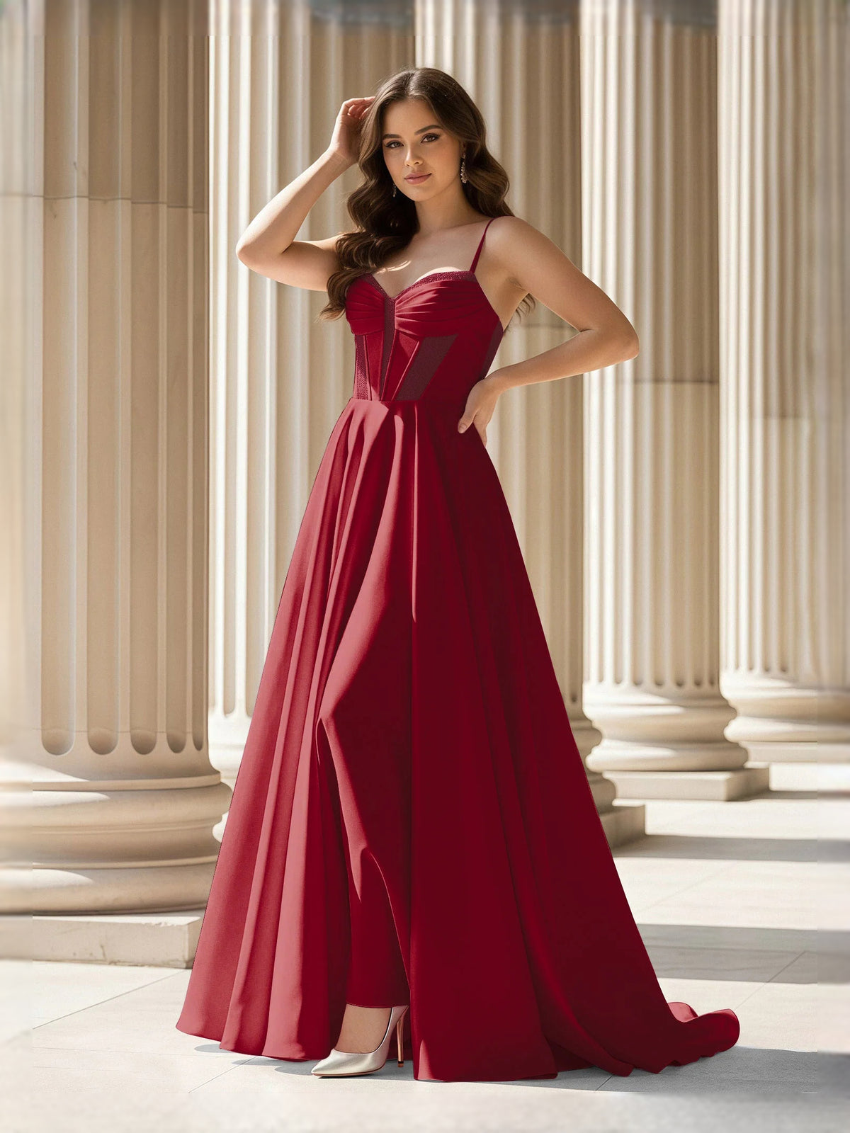 Burgundy maxi prom dress, alternate view showing the overall dress design
