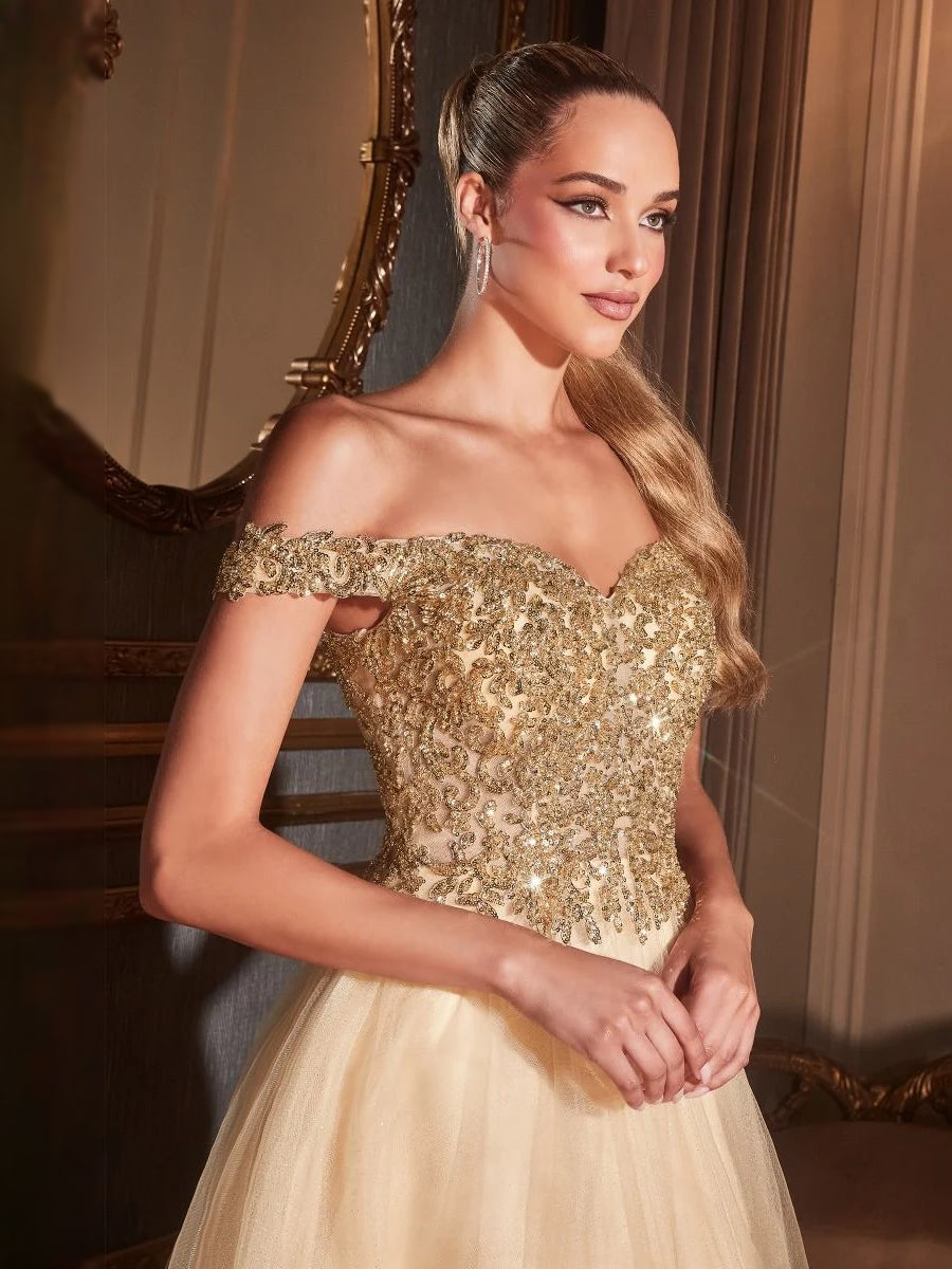 Champagne floor-length prom dress, alternate view showing the overall dress design