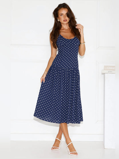 Navy midi formal dress with printed pattern, alternate view showing the waist