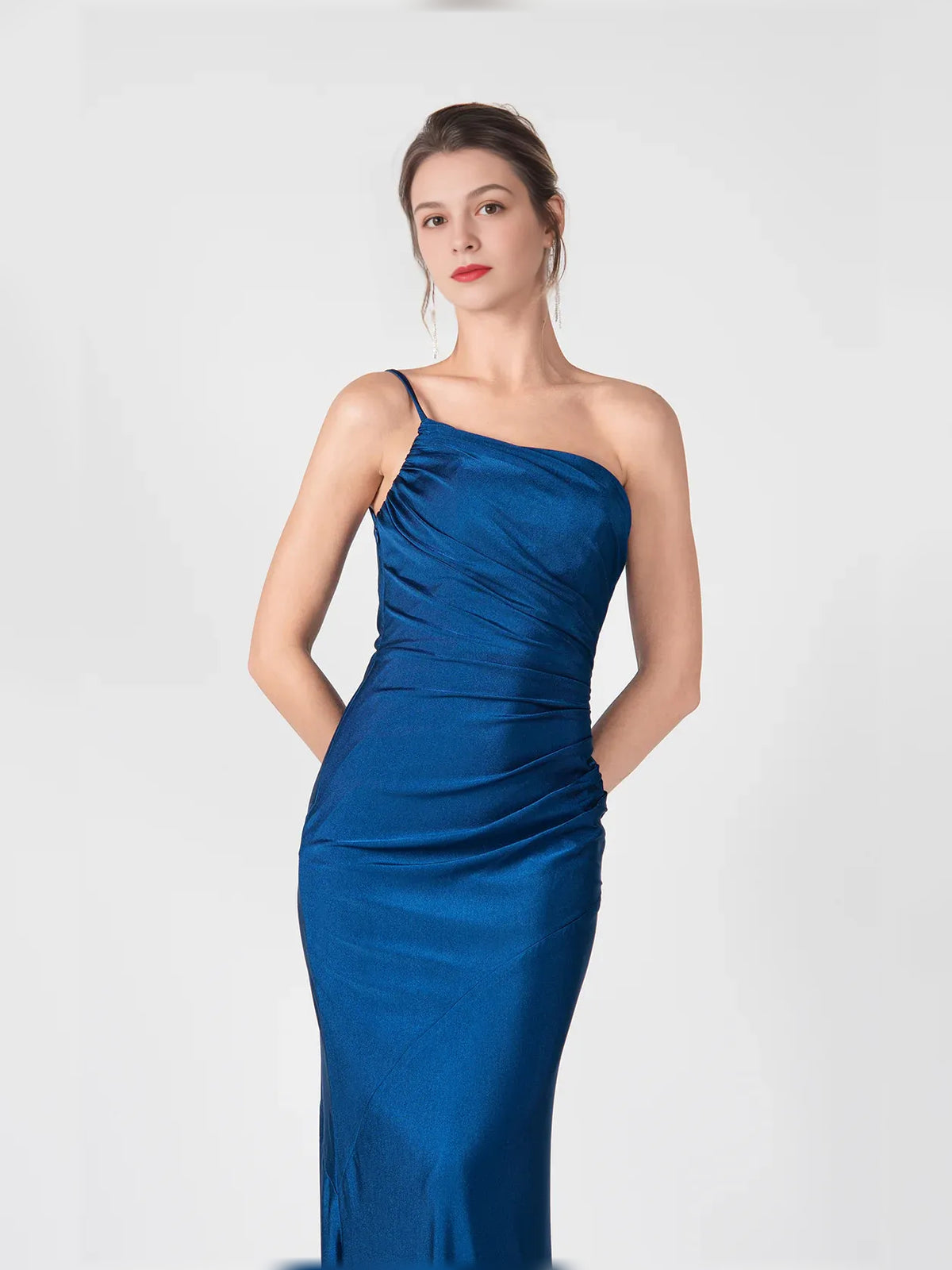 Dark Blue mermaid floor-length formal dress with ruching, alternate view showing the waist