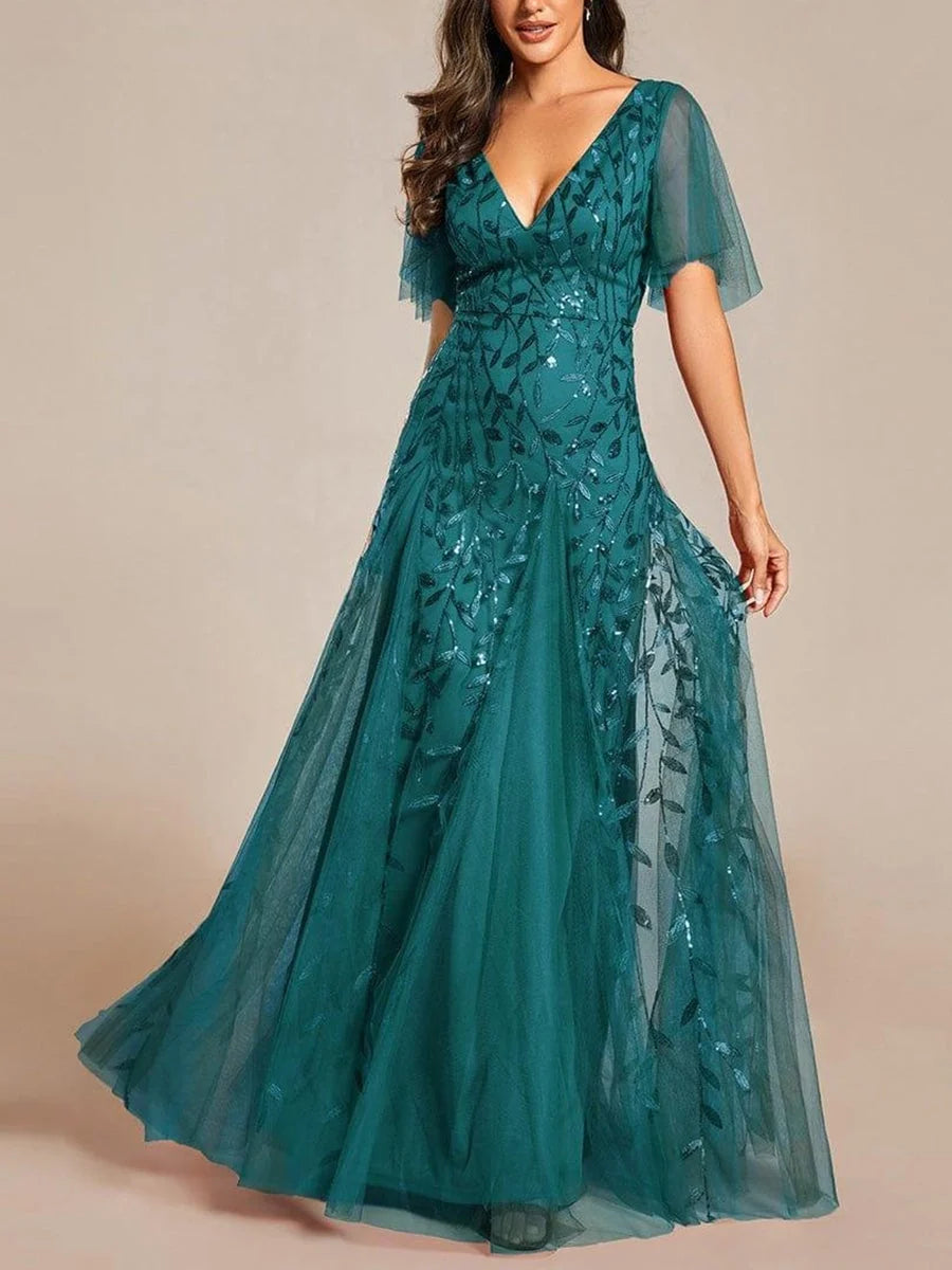 Jungle Green floor-length mother of the bride dress, alternate view showing the overall dress design