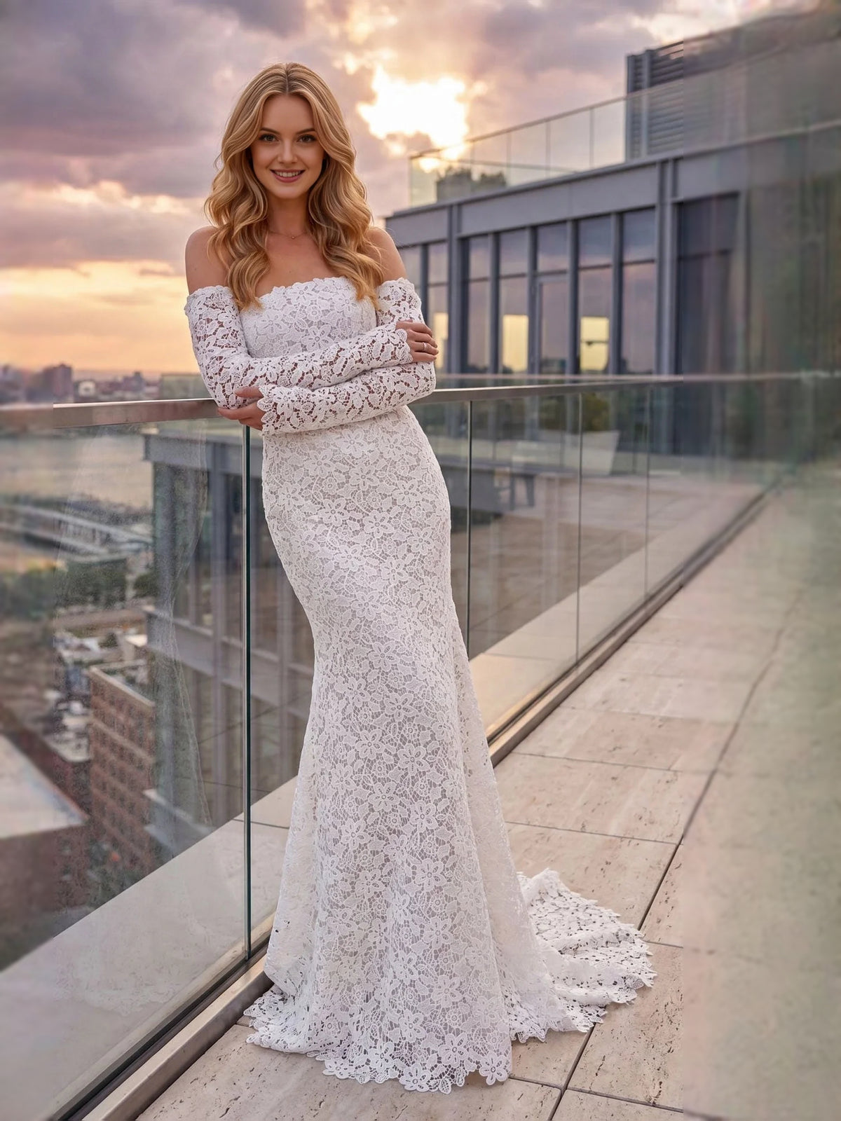Ivory floor-length wedding dress, alternate view showing the overall dress design