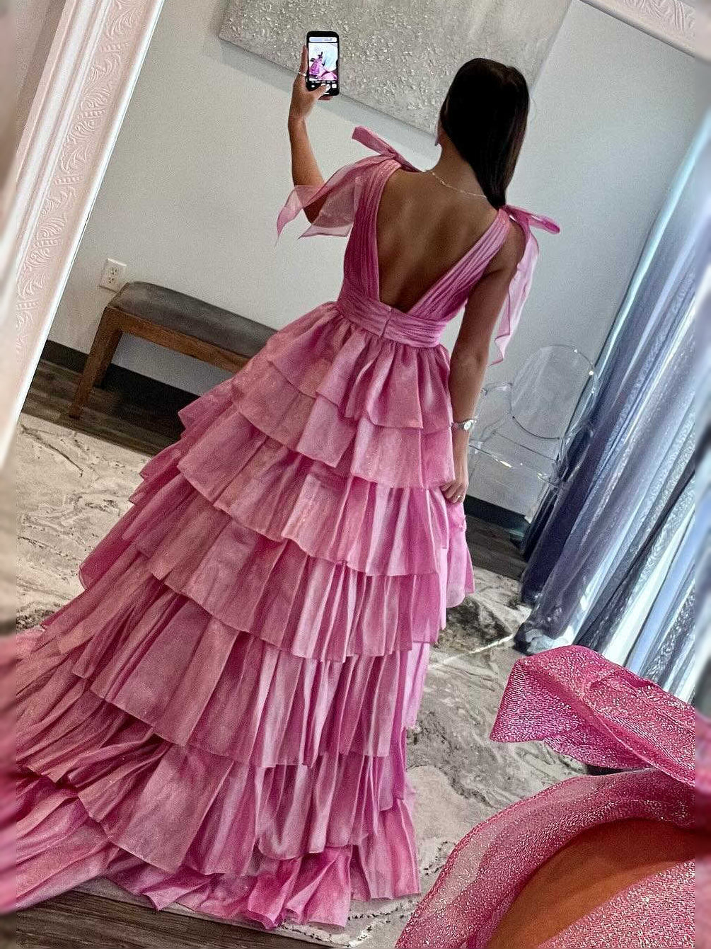 Pink maxi prom dress, back view showing the rear of the dress in an additional pose