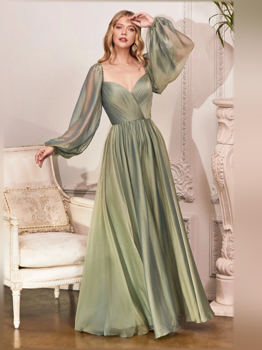 Sage Green a-line floor-length formal dress with pleated skirt, alternate view