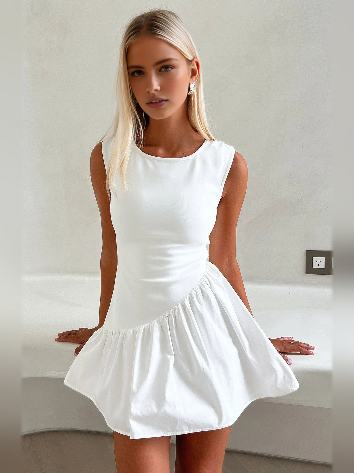 Ivory white mini homecoming dress, alternate view showing the overall dress design