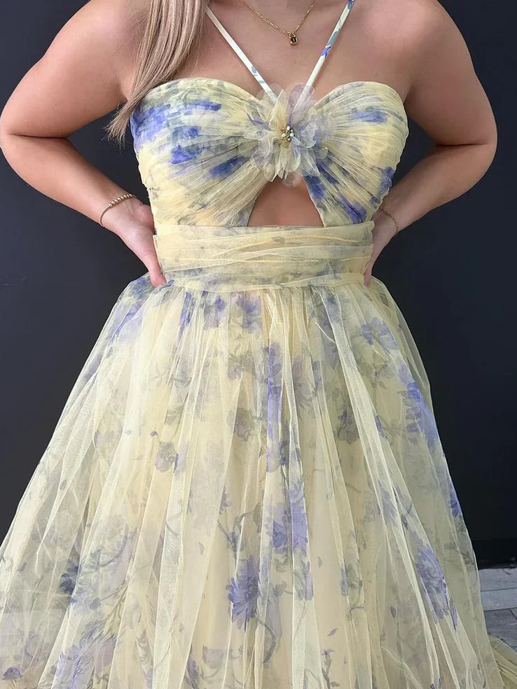 Floral maxi prom dress, close view of the dress design in an additional pose