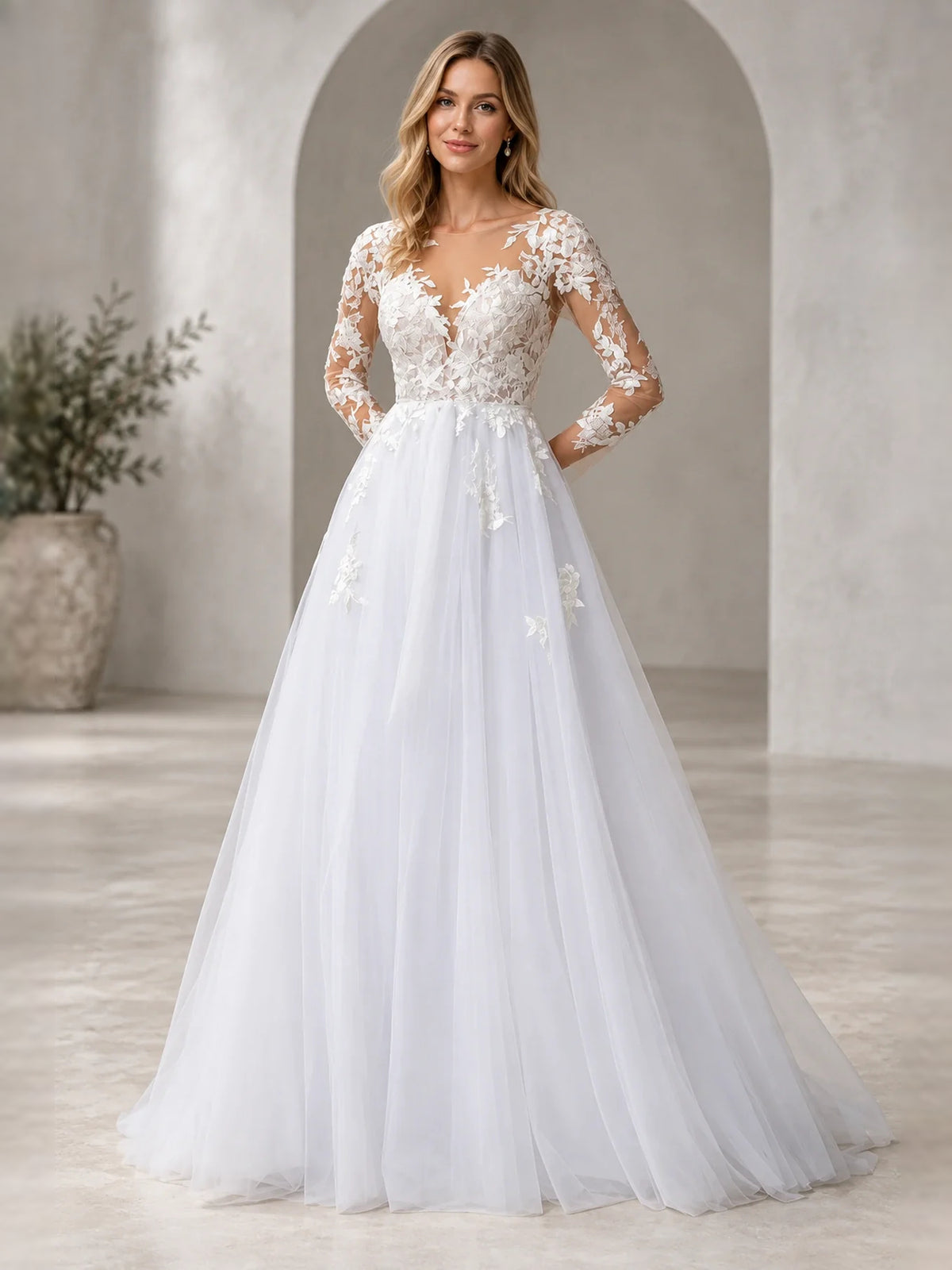 White floor-length wedding dress, alternate view showing the overall dress design