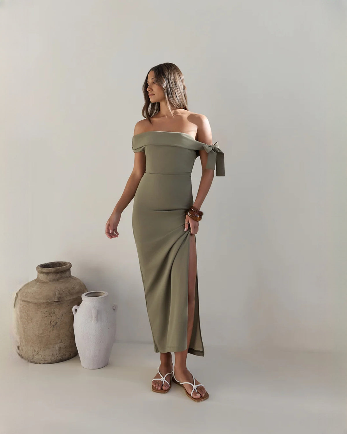 off-shoulder structured satin a-line maxi bridesmaid dress - image 4